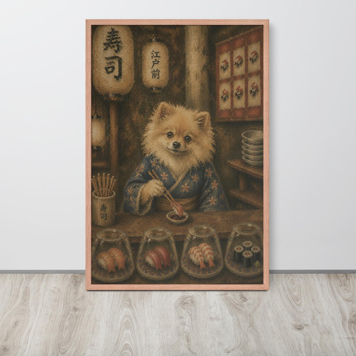 Pomeranian Japanese Bar Wall Art Print hanging as whimsical dog decor with a pomeranian gifts look