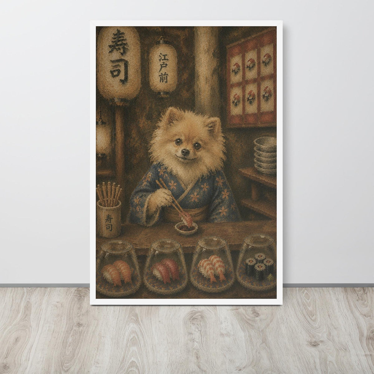 Pomeranian Japanese Bar Wall Art Print lifestyle photo capturing pomeranian painting, suited to funny dog poster spaces