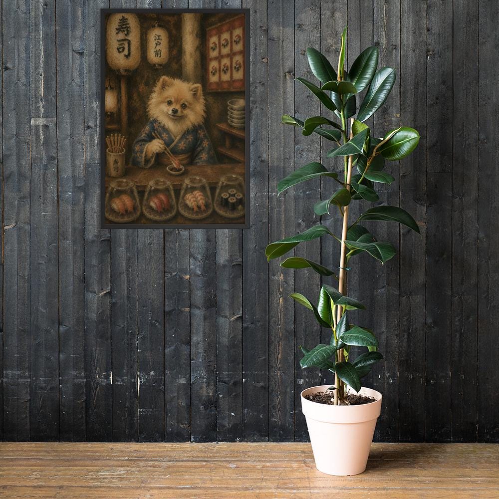 Pomeranian Japanese Bar Wall Art Print mockup highlighting japandi wall art and pomeranian print style