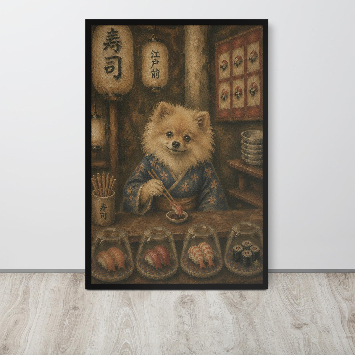 Pomeranian Japanese Bar Wall Art Print with pomeranian art details, curated for whimsical art interiors