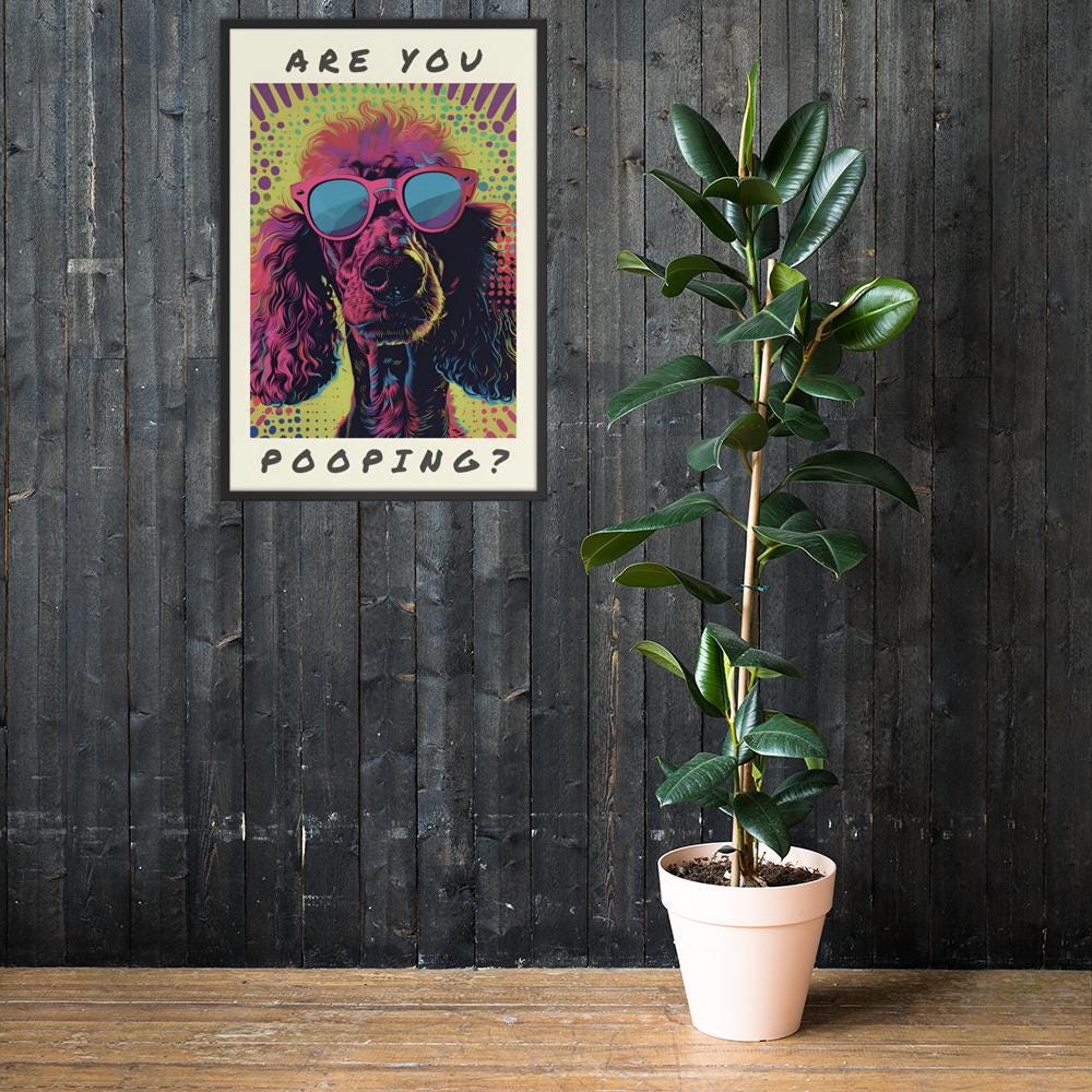 Poodle Dog Bathroom Pop Art Print styled on a wall, blending dog bathroom art and funny bathroom decor inspiration