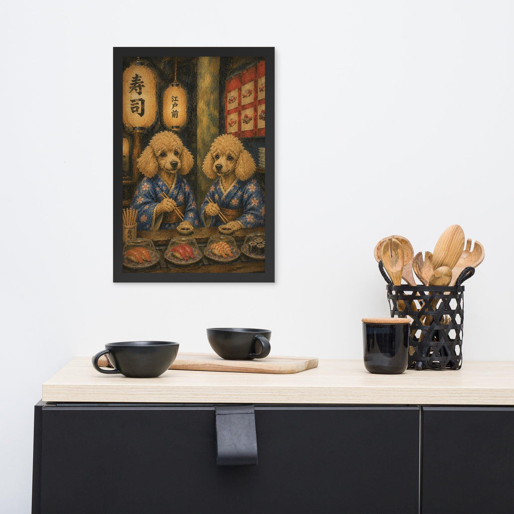 Poodle Japanese Bar Wall Art Print styled on a wall, blending funny dog print and poodle painting inspiration