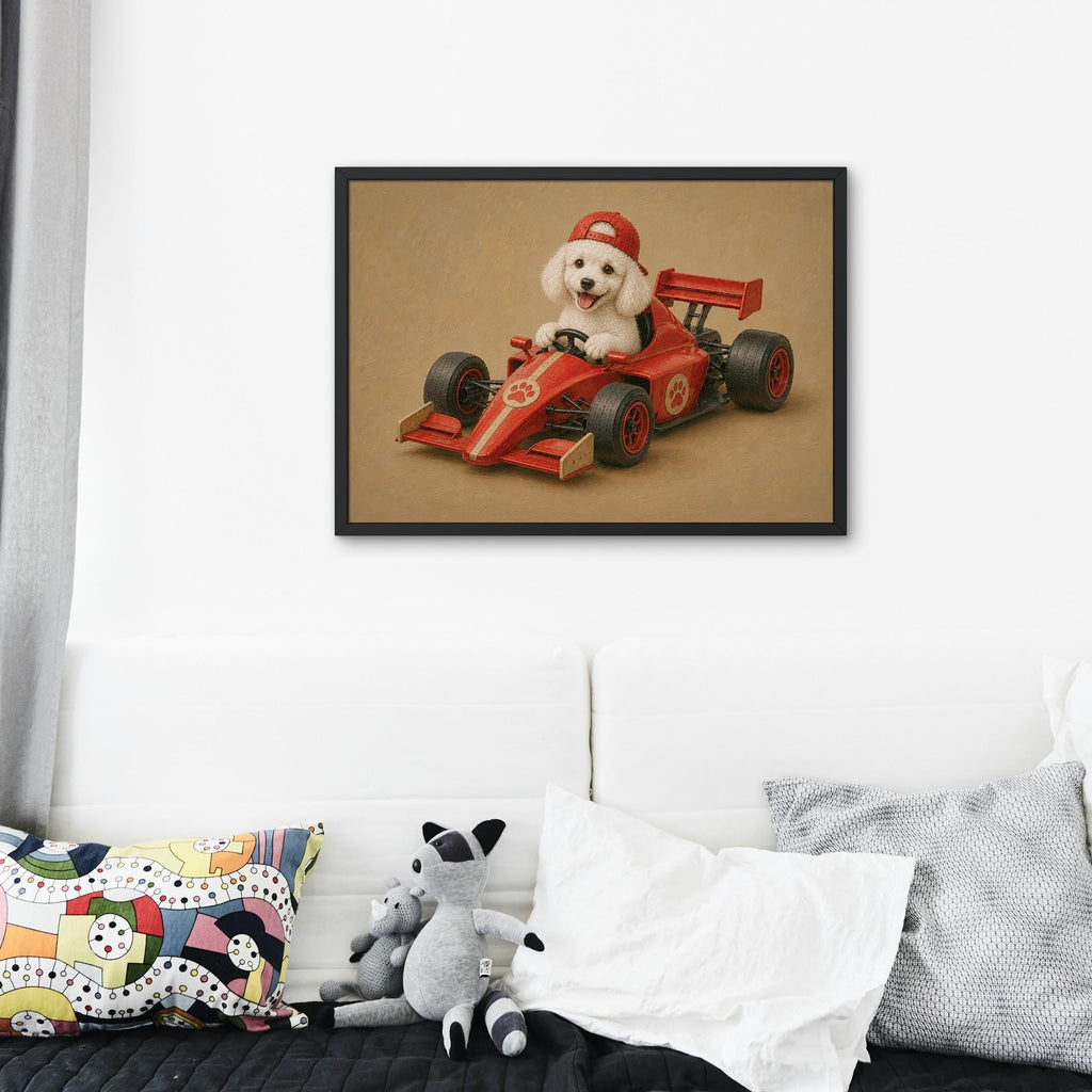 Poodle Dog Racing Car Wall Art featuring cute animal print, perfect kids animal art for home decor