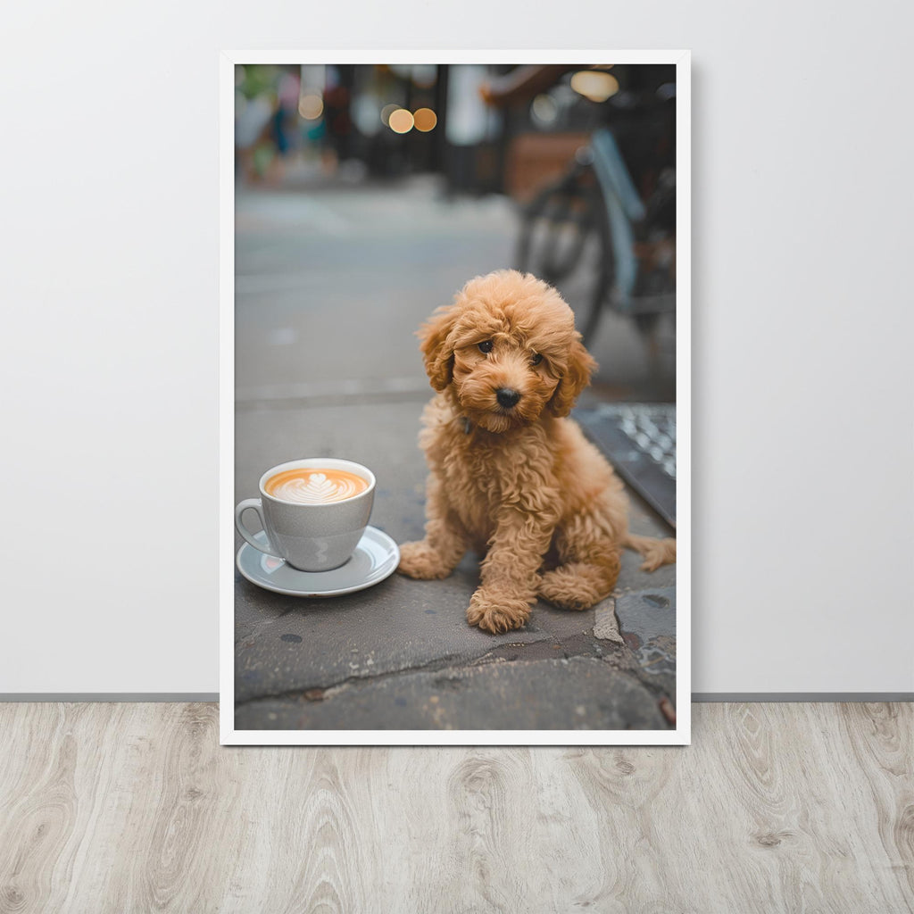 Poodle Puppy Coffee Poster hanging as poodle wall art decor with a fine art photography look