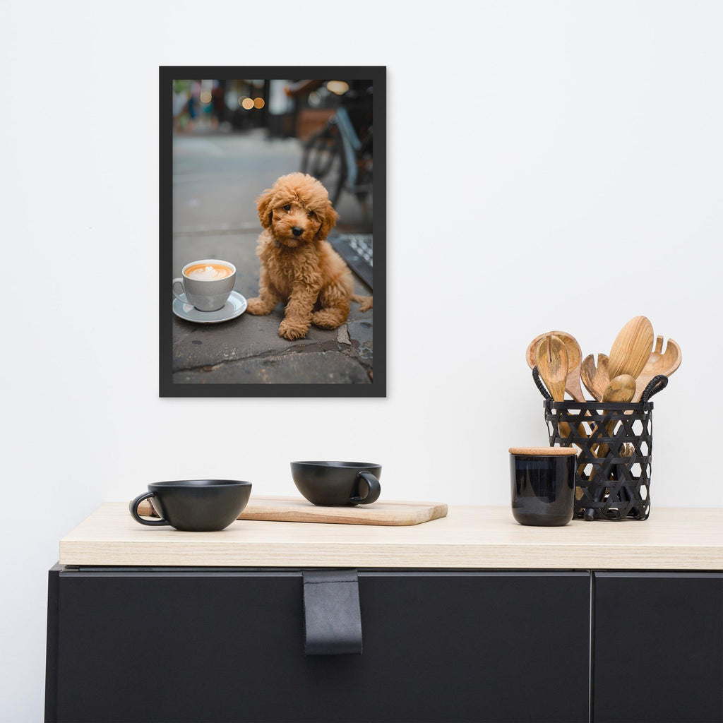 Poodle Puppy Coffee Poster styled on a wall, blending coffee dog poster and funny animal poster inspiration