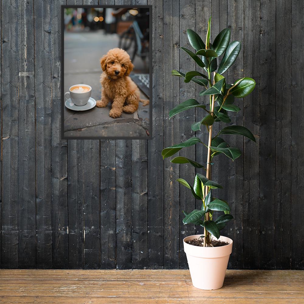 Poodle Puppy Coffee Poster mockup highlighting cute puppy dog print and poodle art style