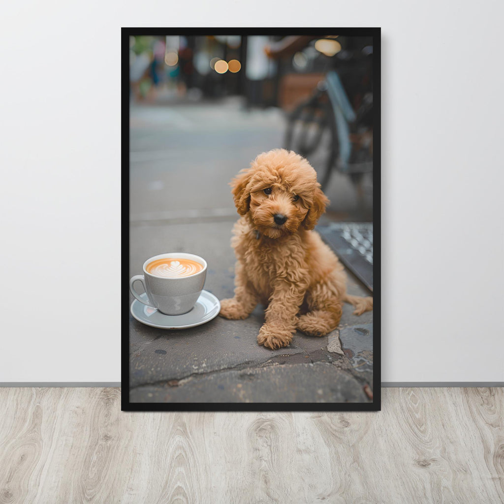 Poodle Puppy Coffee Poster displayed in a modern room, ideal dog lover gifts accent for poodle poster