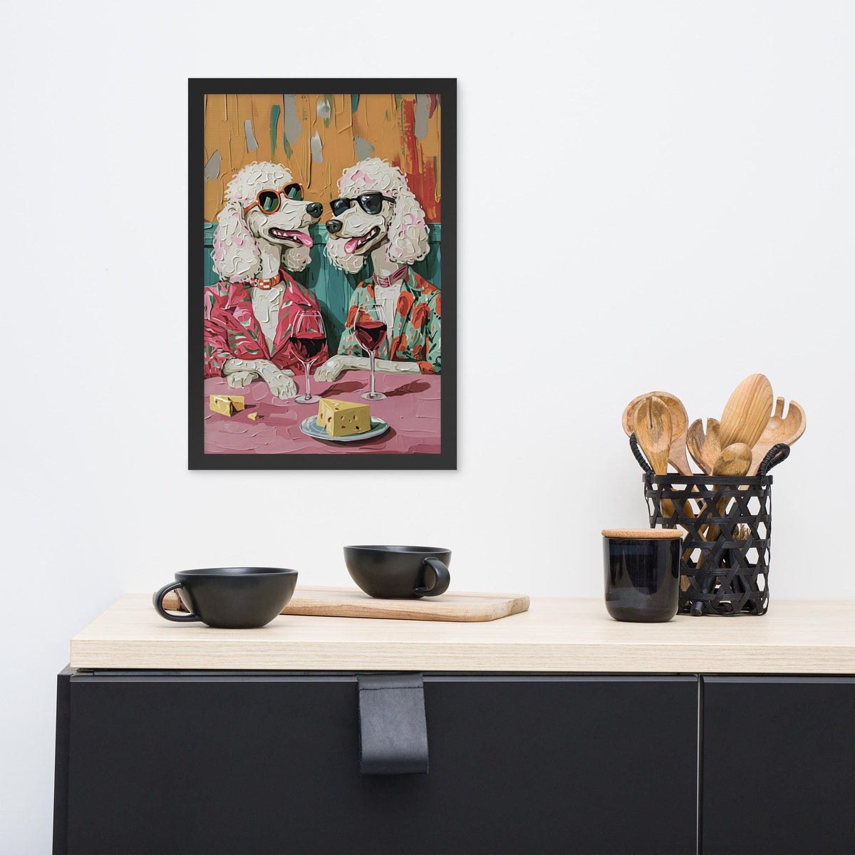 Poodle Oil Painting Style Wall Art styled on a wall, blending dog wine and cheese and poodle gift inspiration