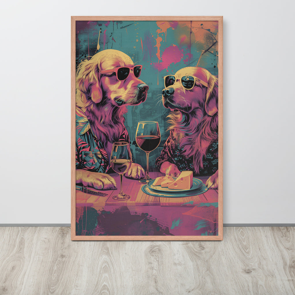 Whimsical animal pop art of two golden retriever dogs wearing sunglasses at a table with wine glasses and cheese, rendered in a colorful pop-art style with teal, pink, purple, and yellow tones.