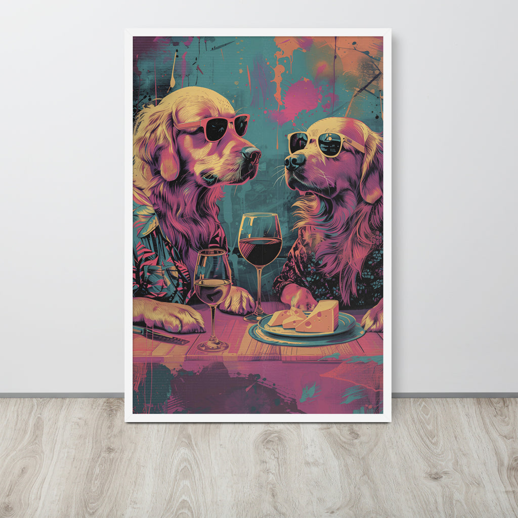 Hilarious animal pop art showing two golden retriever dogs wearing sunglasses at a table with wine glasses and cheese in a colorful abstract style.