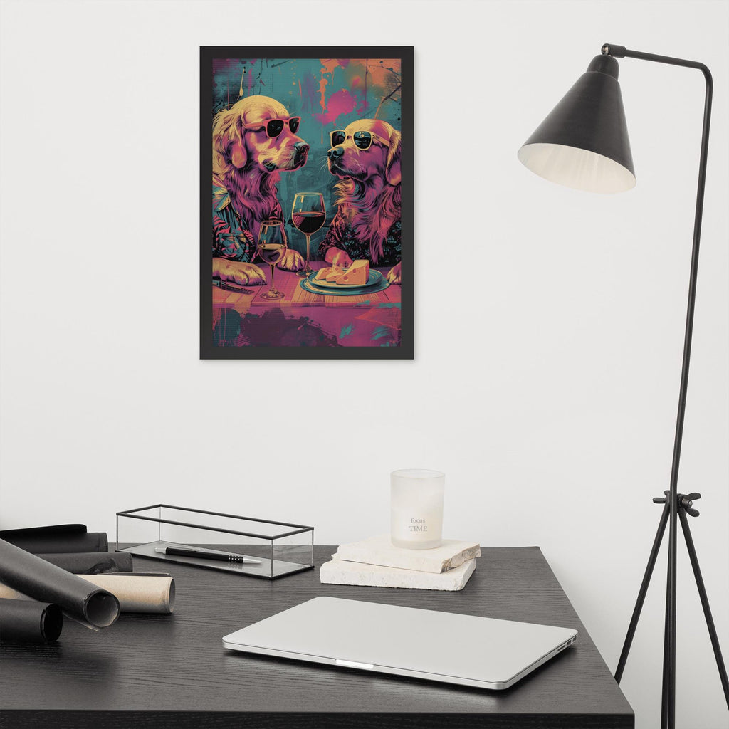 Golden Retriever Wine & Cheese Pop Art Wall Print styled on a wall, blending dog kitchen art and dogs cheese and wine inspiration
