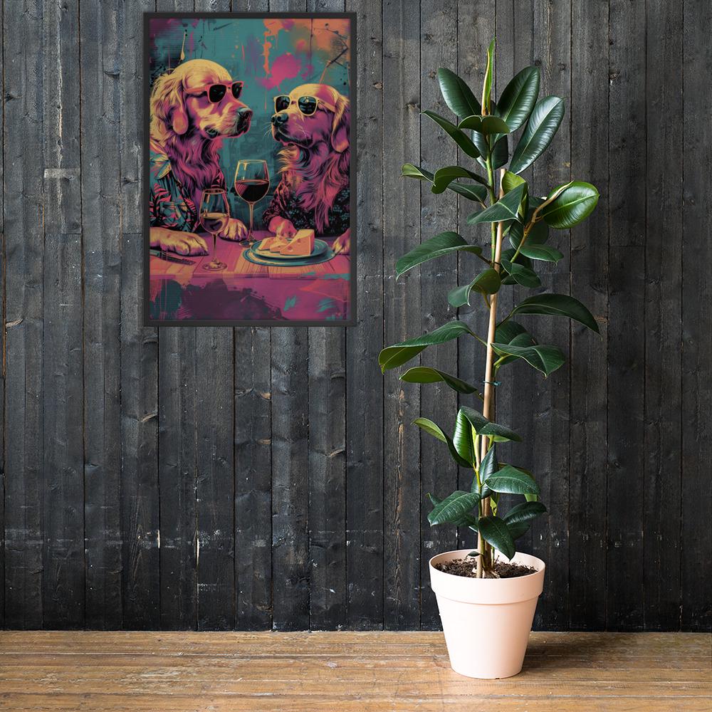 Golden Retriever Wine & Cheese Pop Art Wall Print showcasing dog lover gifts, a great pick for funny dog pop art lovers