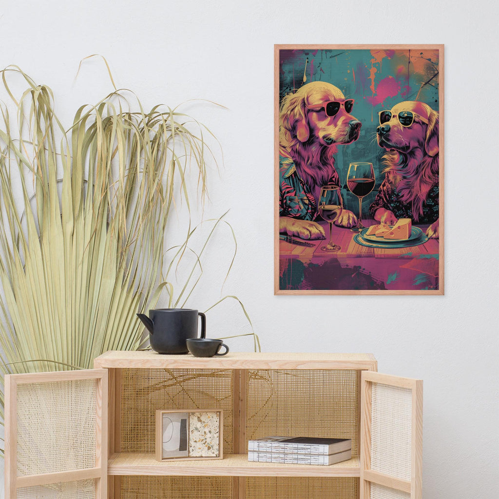 Golden Retriever Wine & Cheese Pop Art Wall Print mockup highlighting dog pop art and funny dog poster style