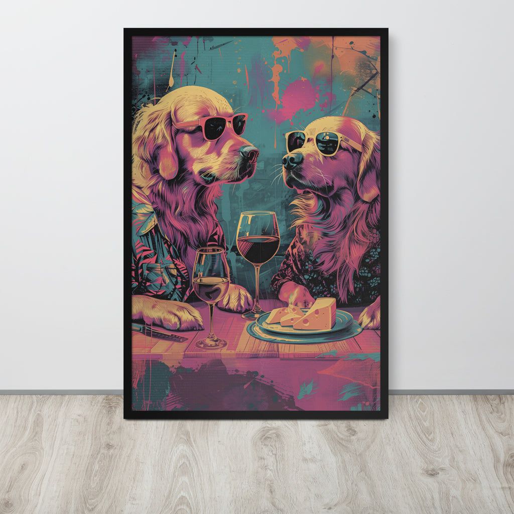 Funny animal pop art of two golden retriever dogs wearing sunglasses at a dining table with wine glasses and cheese, displayed against a white wall on a light wood floor.