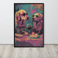 Funny animal pop art of two golden retriever dogs wearing sunglasses at a dining table with wine glasses and cheese, displayed against a white wall on a light wood floor.