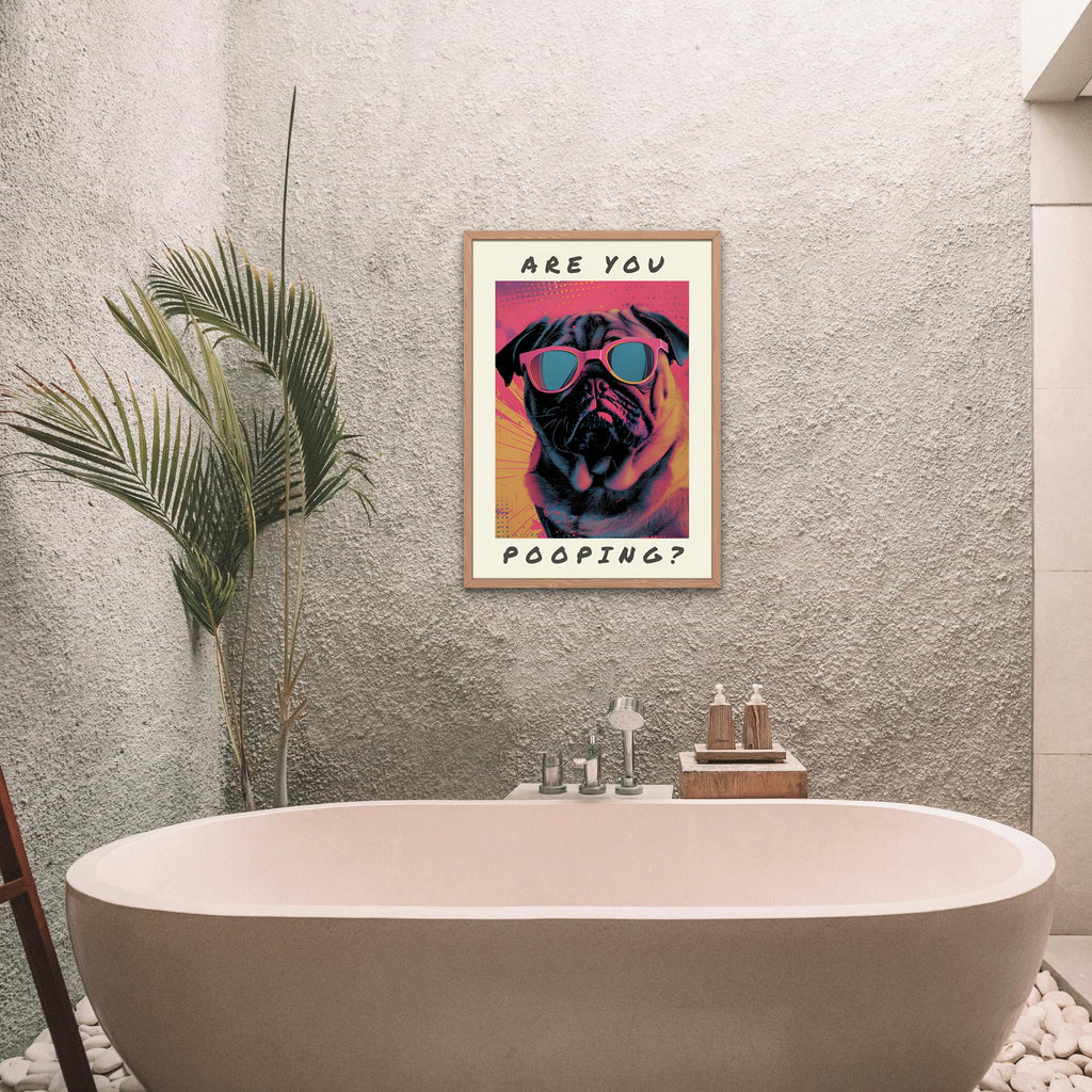Pug Dog Bathroom Pop Art Print featuring are you pooping art, perfect funny toilet poster for home decor