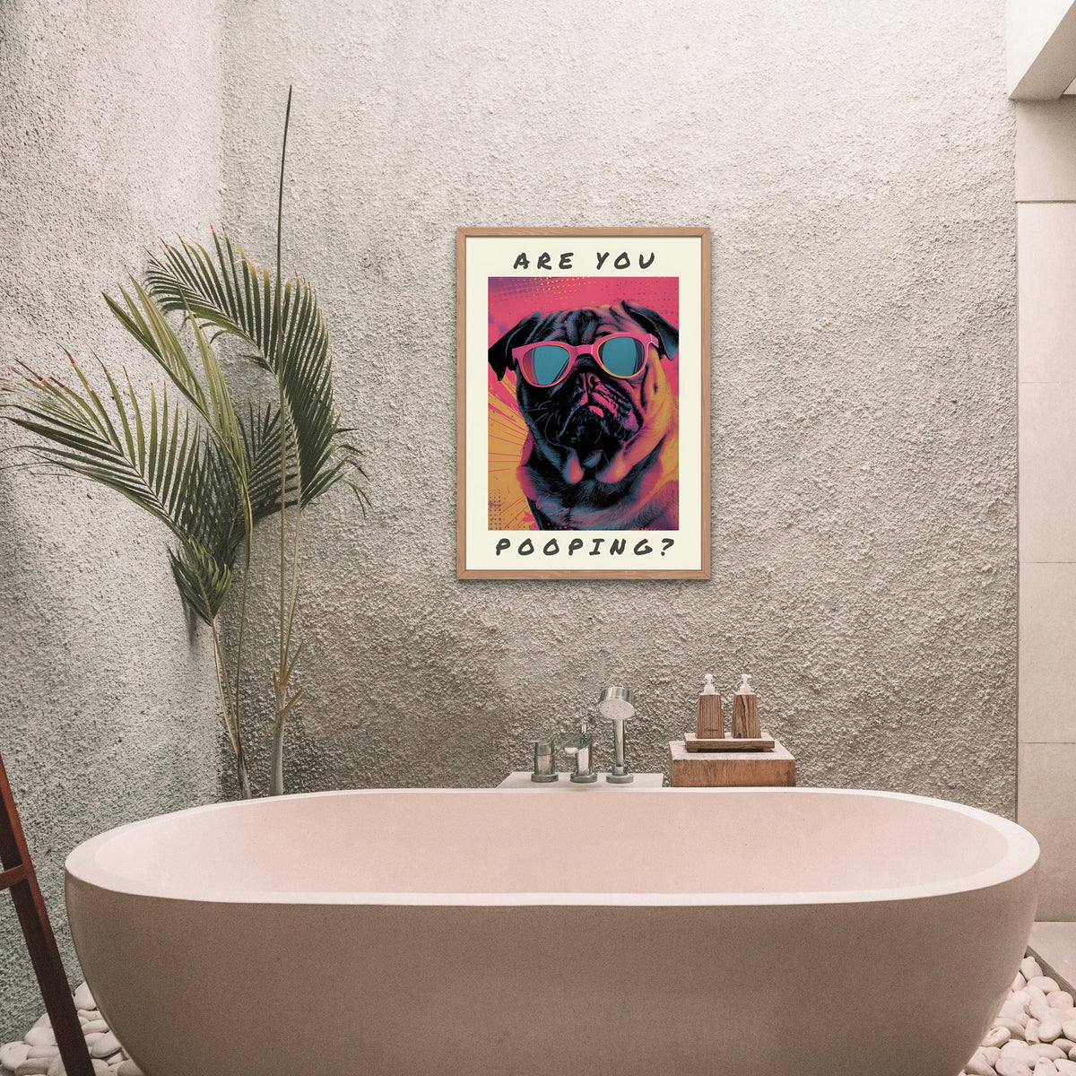 Pug Dog Bathroom Pop Art Print featuring are you pooping art, perfect funny toilet poster for home decor