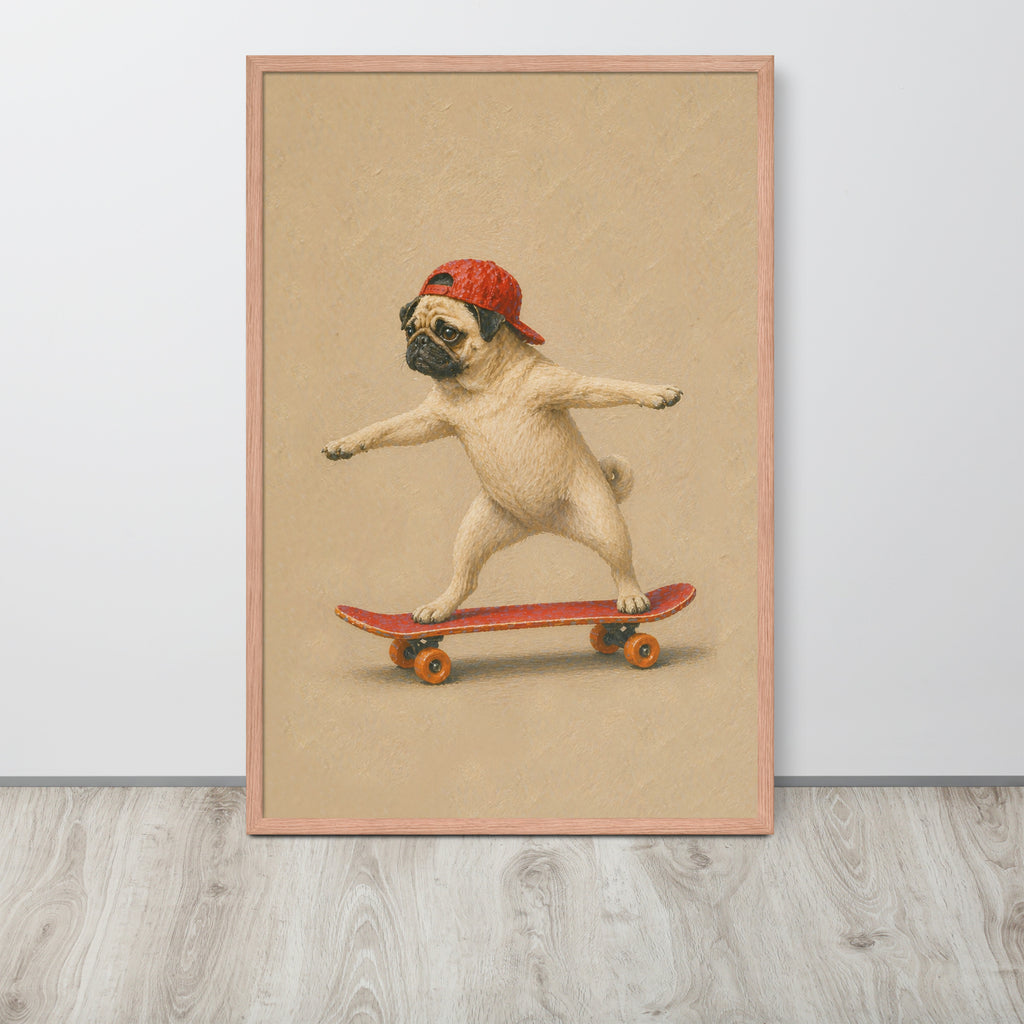 Funny pug dog nursery wall art print featuring a humorous illustration of a fawn pug balancing on a red skateboard while wearing a red baseball cap, set against a vintage beige background.