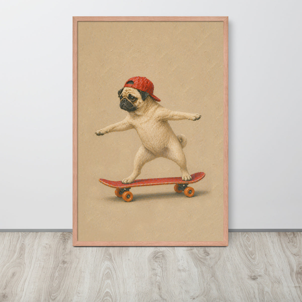 Funny pug dog nursery wall art print featuring a humorous illustration of a fawn pug balancing on a red skateboard while wearing a red baseball cap, set against a vintage beige background.