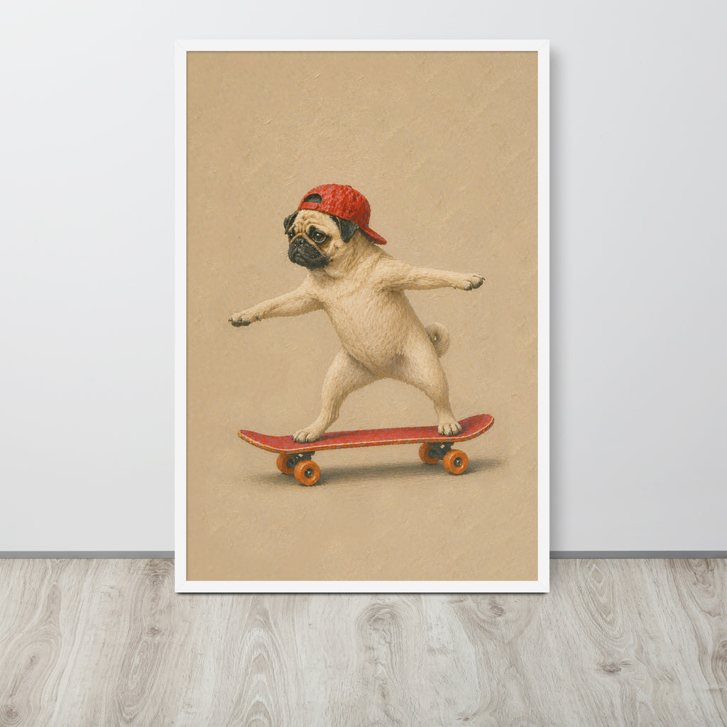 Pug nursery decor wall art print featuring a pug balancing on a red skateboard against a warm beige background, leaning against a light gray wall on a wood floor.