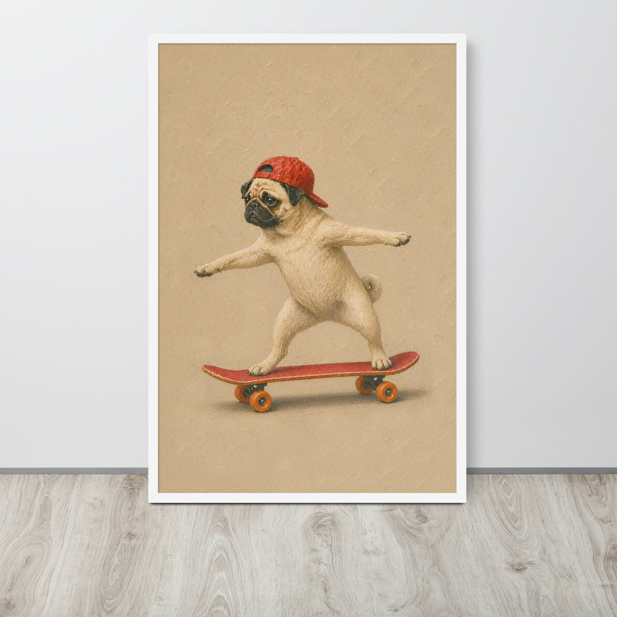 Pug nursery decor wall art print featuring a pug balancing on a red skateboard against a warm beige background, leaning against a light gray wall on a wood floor.