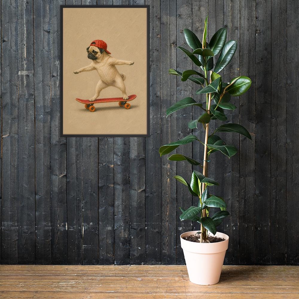 Pug Dog Skateboard Wall Art mockup highlighting funny pug art and nursery dog wall art style