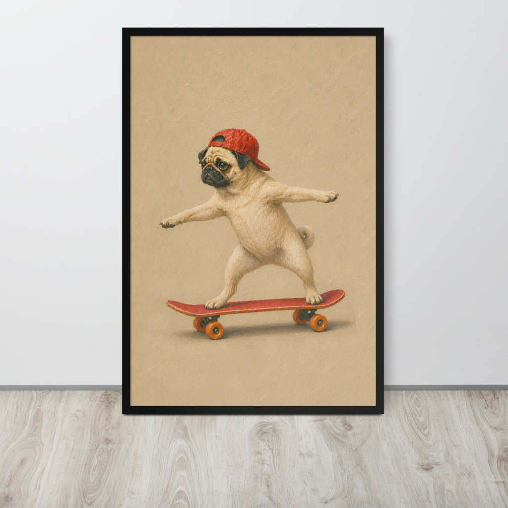 Funny dog wall art print featuring a pug balancing on a red skateboard while wearing a red cap, displayed against a light gray wall on a light wood floor.