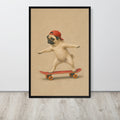Funny dog wall art print featuring a pug balancing on a red skateboard while wearing a red cap, displayed against a light gray wall on a light wood floor.