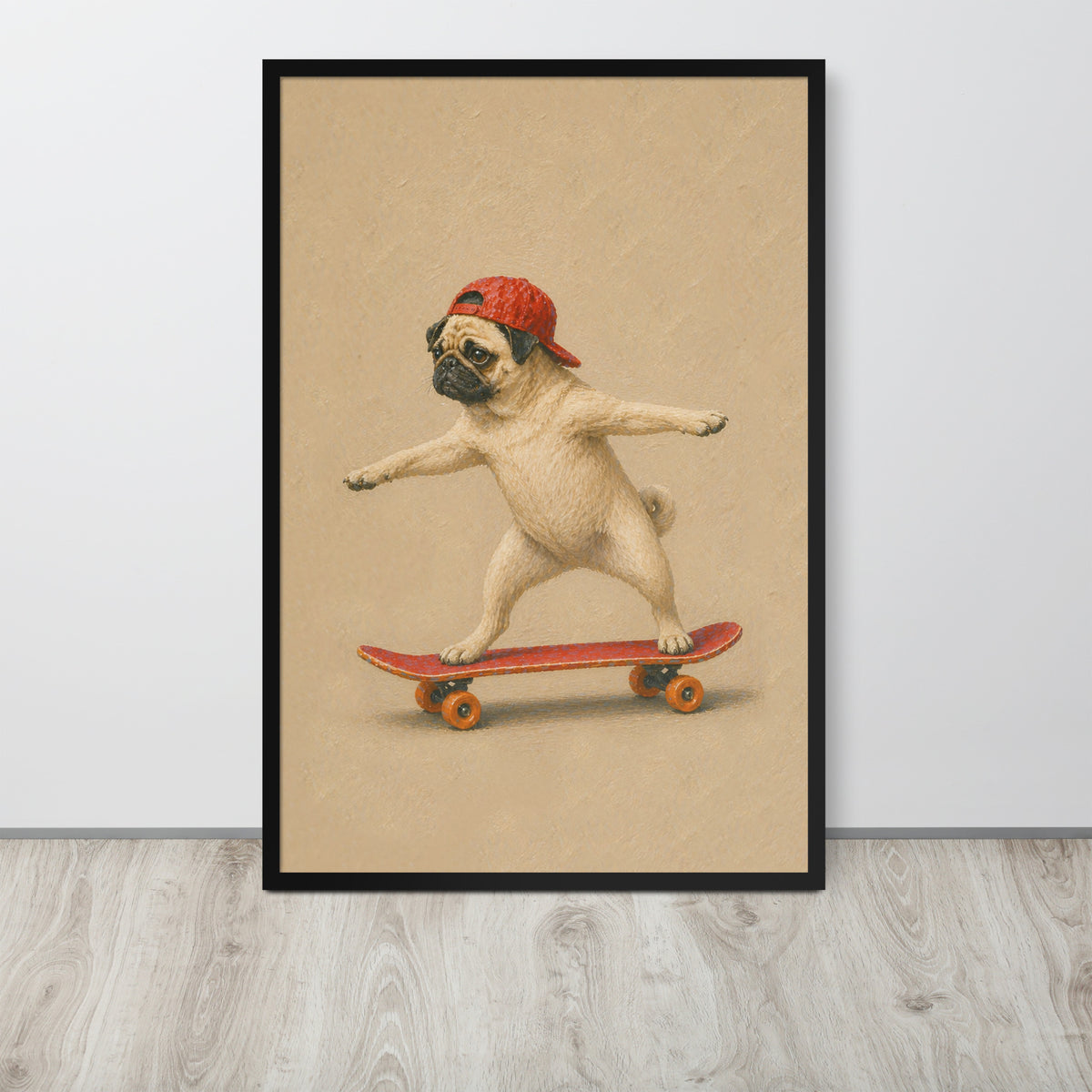 Funny dog wall art print featuring a pug balancing on a red skateboard while wearing a red cap, displayed against a light gray wall on a light wood floor.