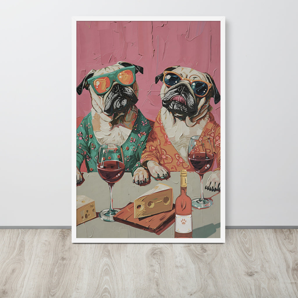 Funny dining room art print featuring two pug dogs wearing sunglasses and colorful shirts, seated at a table with wine glasses, cheese, and a bottle, displayed against a light gray wall on a wood floor.