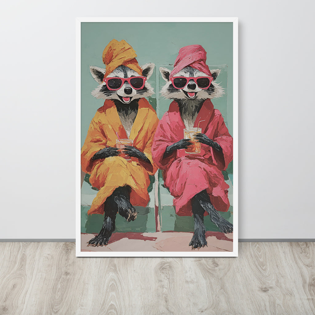 Raccoon lover wall art print. The print shows two raccoons wearing pink sunglasses and robes, one in orange and one in pink, holding drinks.