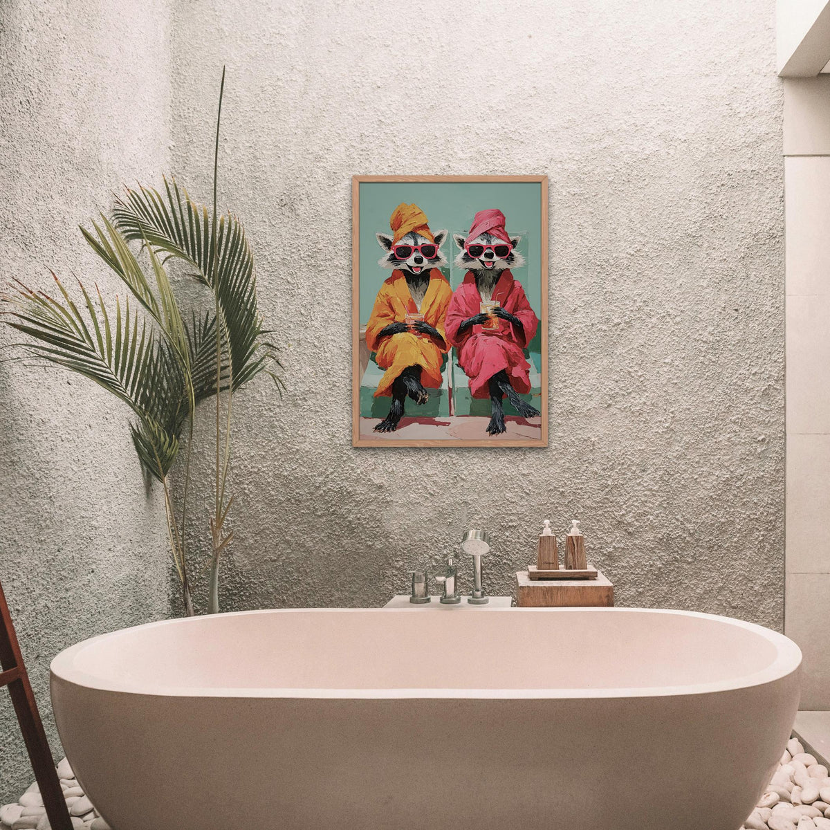 Raccoon Spa Day Wall Art styled on a wall, blending funny bathroom art and mothers day gift inspiration