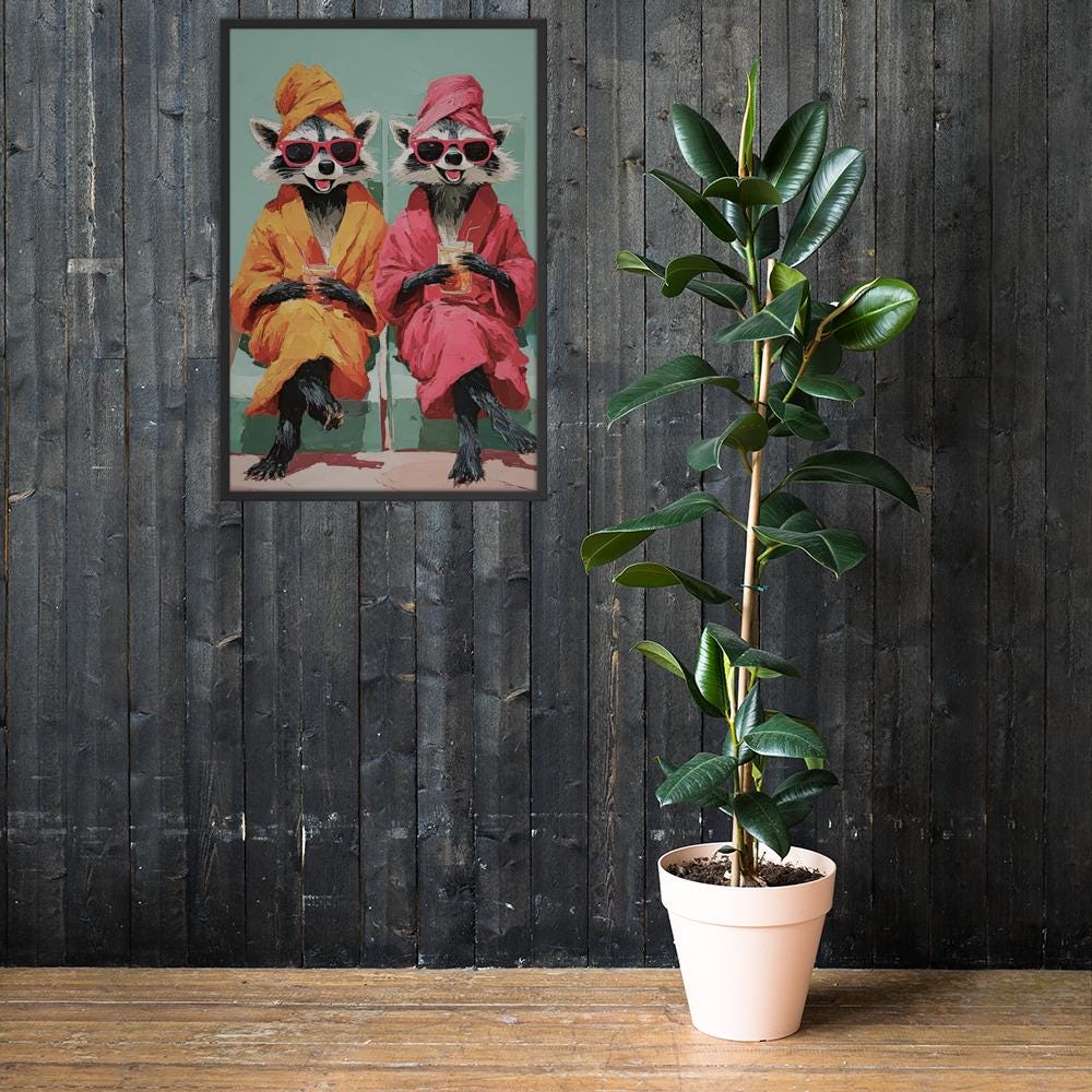 Raccoon Spa Day Wall Art showcasing funny raccoon art, a great pick for quirky animal print lovers