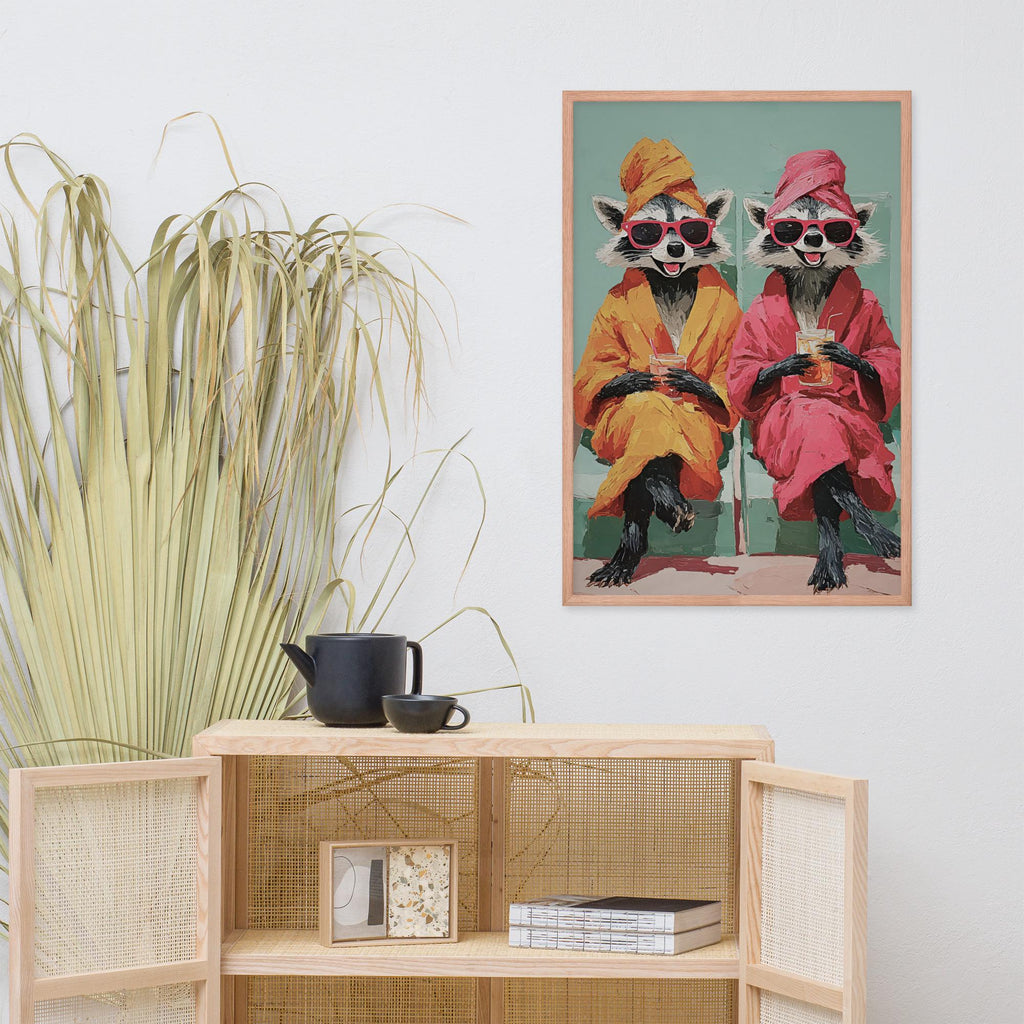 Raccoon Spa Day Wall Art mockup highlighting funny raccoon decor and raccoon painting style
