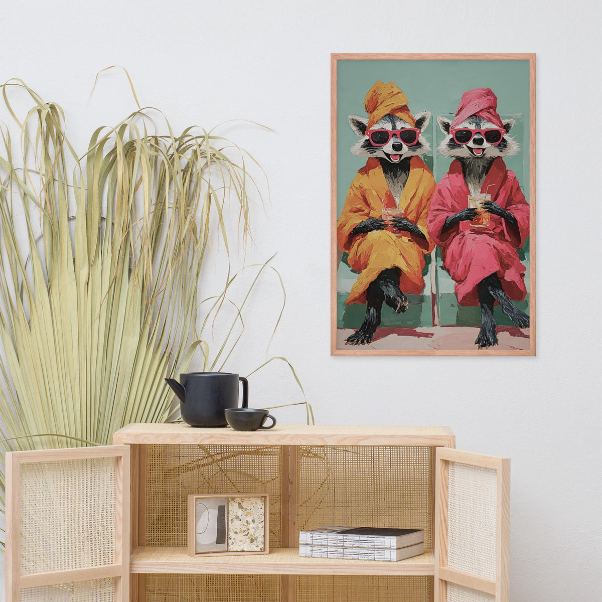 Raccoon Spa Day Wall Art mockup highlighting funny raccoon decor and raccoon painting style