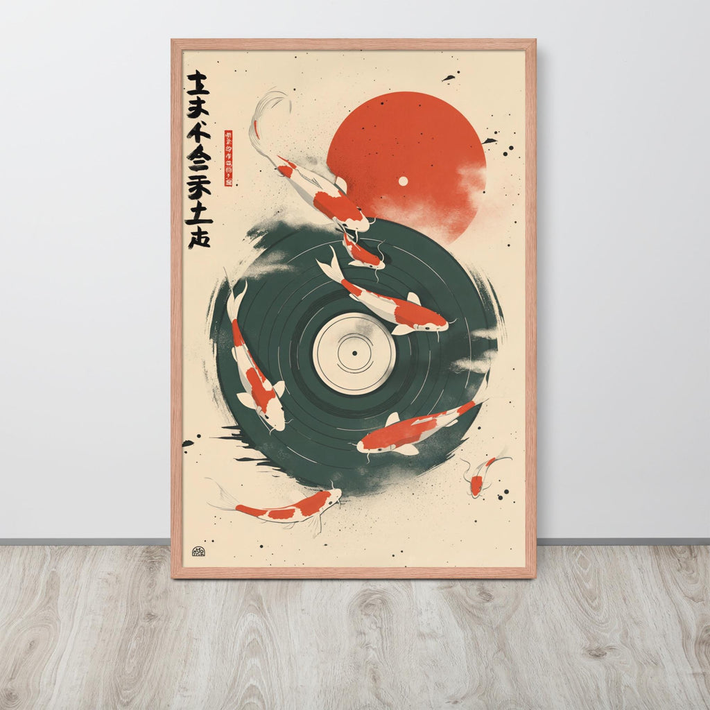Retro Japanese Koi Vinyl Poster styled on a wall, blending japanese poster and koi fish print inspiration