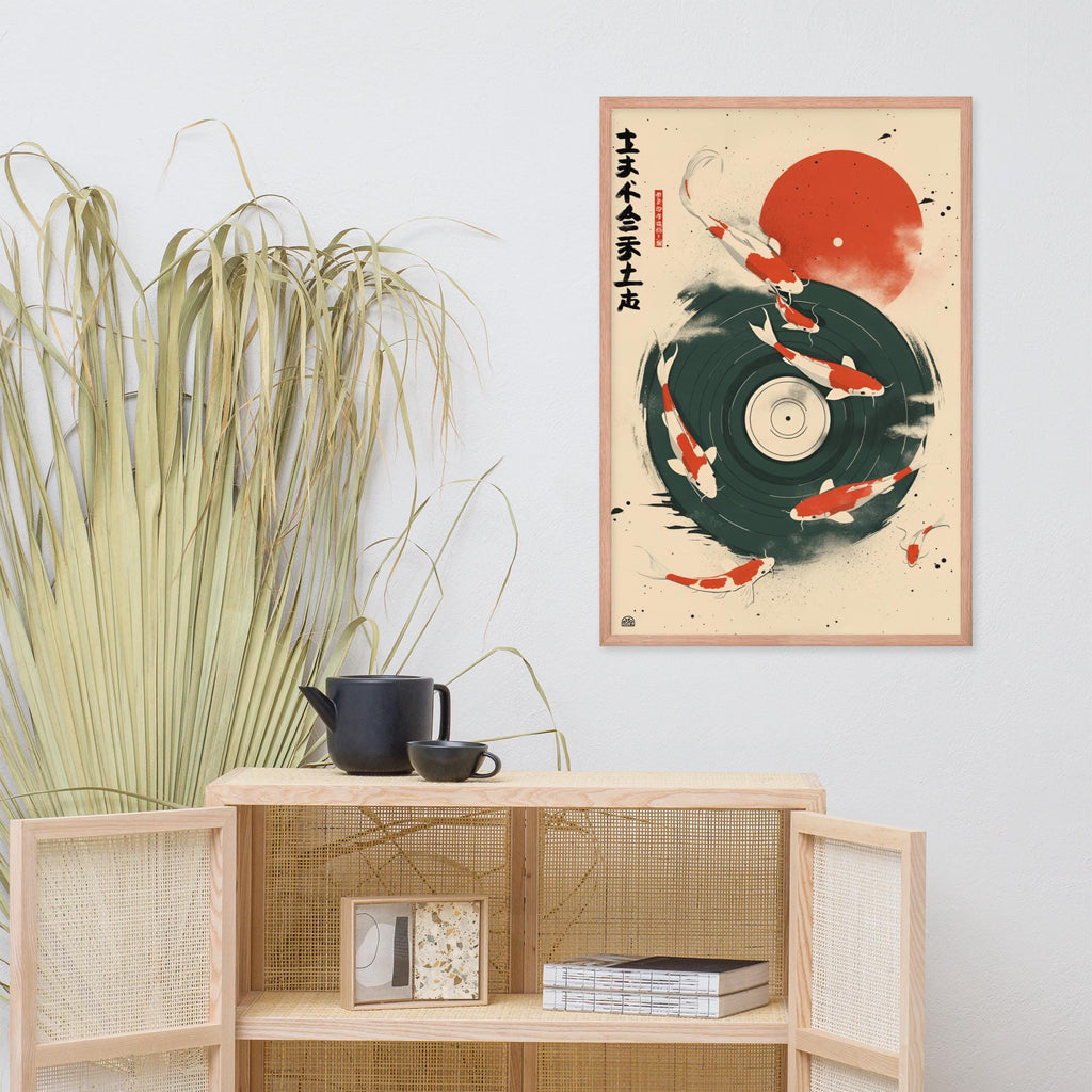 Retro Japanese Koi Vinyl Poster mockup highlighting japanese wall art and music poster style