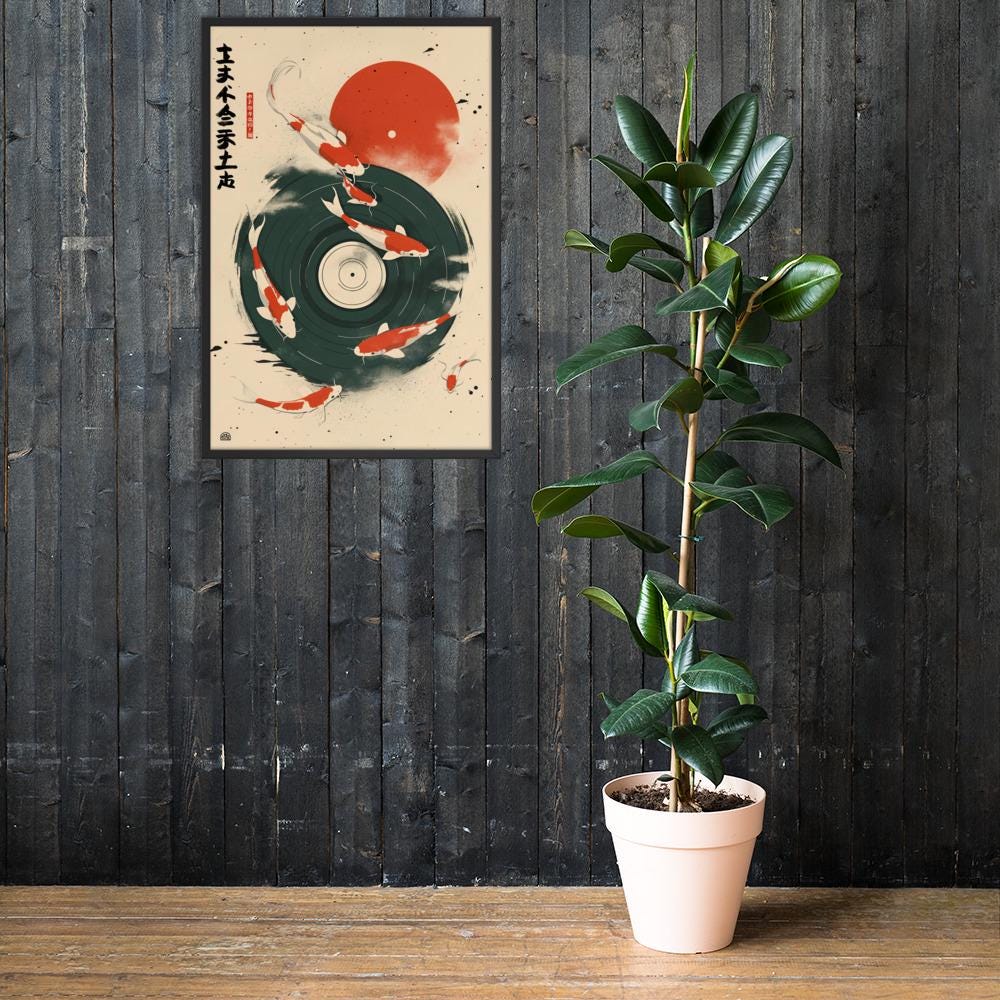 Retro Japanese Koi Vinyl Poster displayed in a modern room, ideal koi fish art accent for retro japanese art