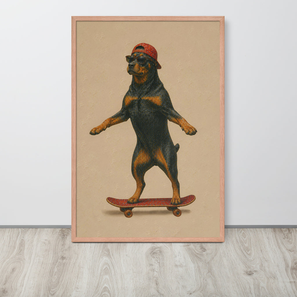 Rottweiler nursery wall art print featuring a vintage-style illustration of a Rottweiler dog balancing on a skateboard while wearing a red cap, displayed against a light gray wall on a light wood floor.