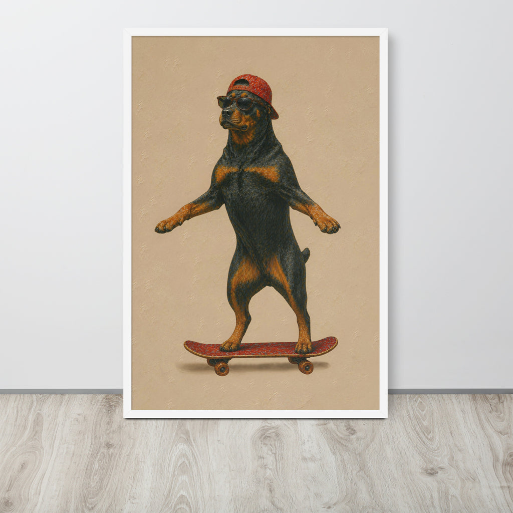 Cute Rottweiler wall art print featuring a vintage-style illustration of a Rottweiler dog balancing on a skateboard while wearing a red cap, displayed against a light gray wall on a light wood floor.