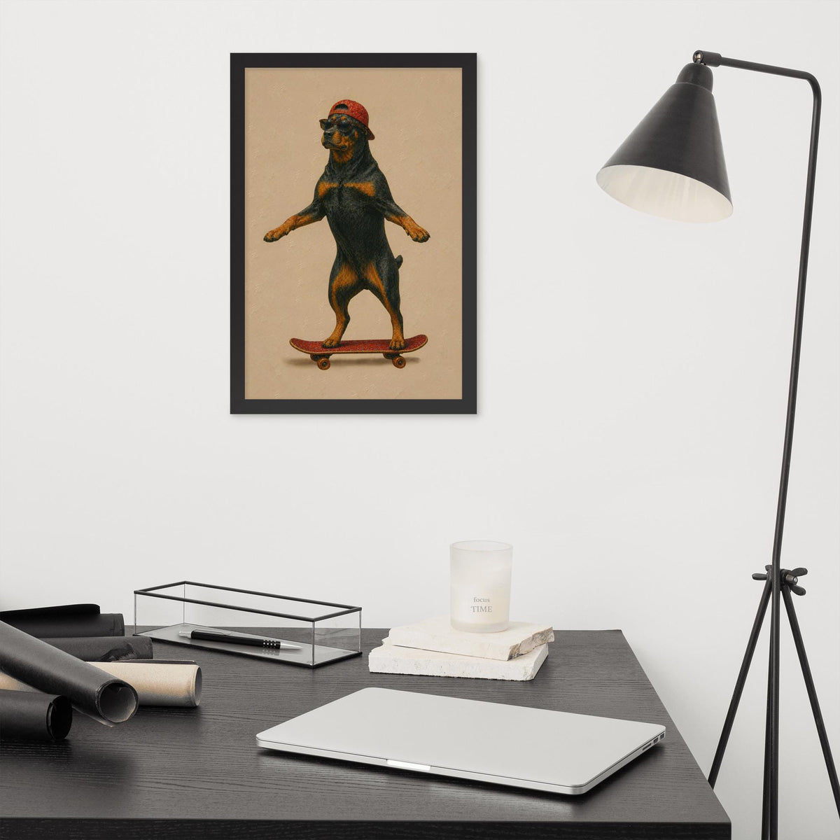 Rottweiler Dog Skateboard Wall Art showcasing dog skateboard art, a great pick for nursery dog poster lovers