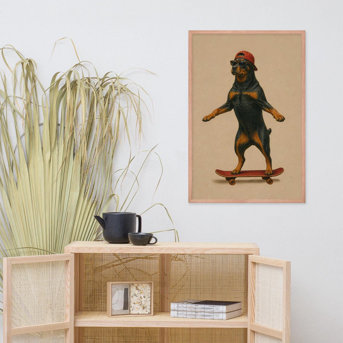 Rottweiler Dog Skateboard Wall Art displayed in a modern room, ideal funny nursery art accent for rottweiler poster