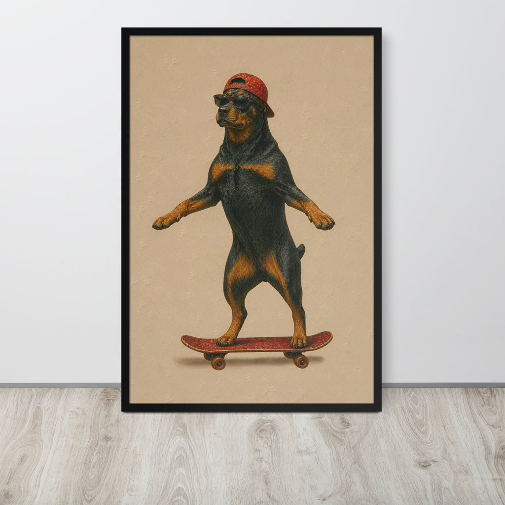 Rottweiler wall art print featuring a Rottweiler dog balancing on a skateboard while wearing a red cap, displayed against a light gray wall on a light wood floor.