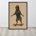 Rottweiler wall art print featuring a Rottweiler dog balancing on a skateboard while wearing a red cap, displayed against a light gray wall on a light wood floor.