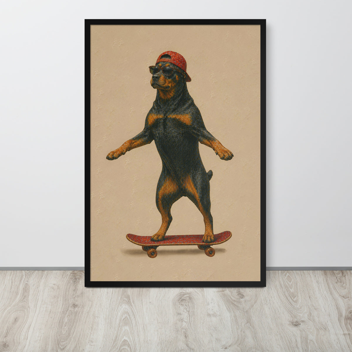 Rottweiler wall art print featuring a Rottweiler dog balancing on a skateboard while wearing a red cap, displayed against a light gray wall on a light wood floor.