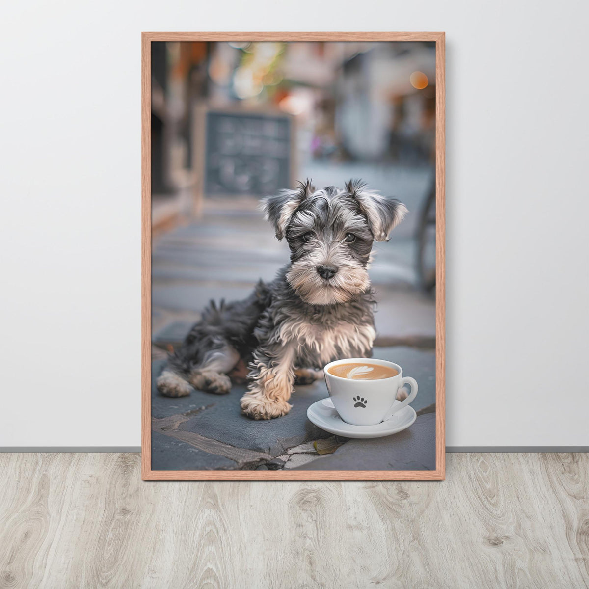 Schnauzer Puppy Coffee Print with dog cafe wall art details, curated for schnauzer print interiors