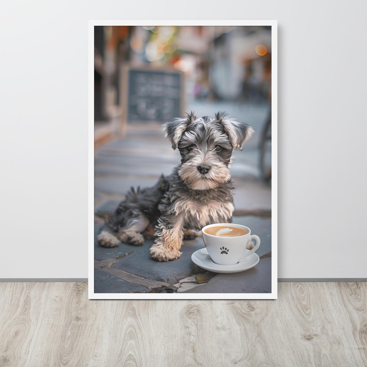 Schnauzer Puppy Coffee Print hanging as schnauzer wall art decor with a dog lover gifts look
