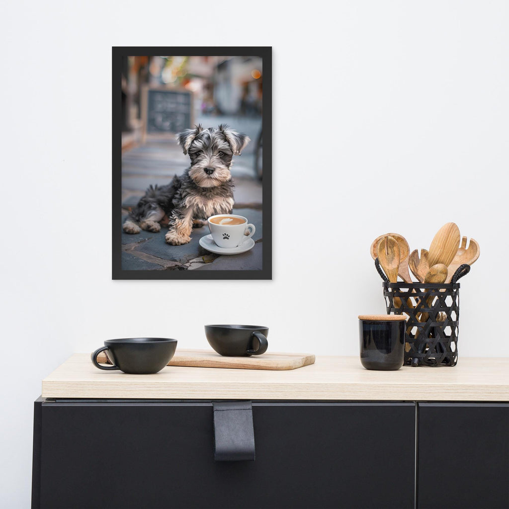 Schnauzer Puppy Coffee Print styled on a wall, blending coffee dog poster and espresso poster inspiration