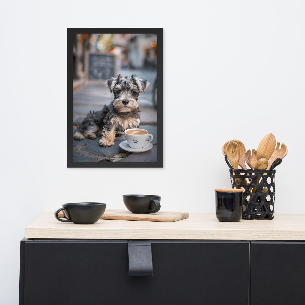 Schnauzer Puppy Coffee Print styled on a wall, blending coffee dog poster and espresso poster inspiration