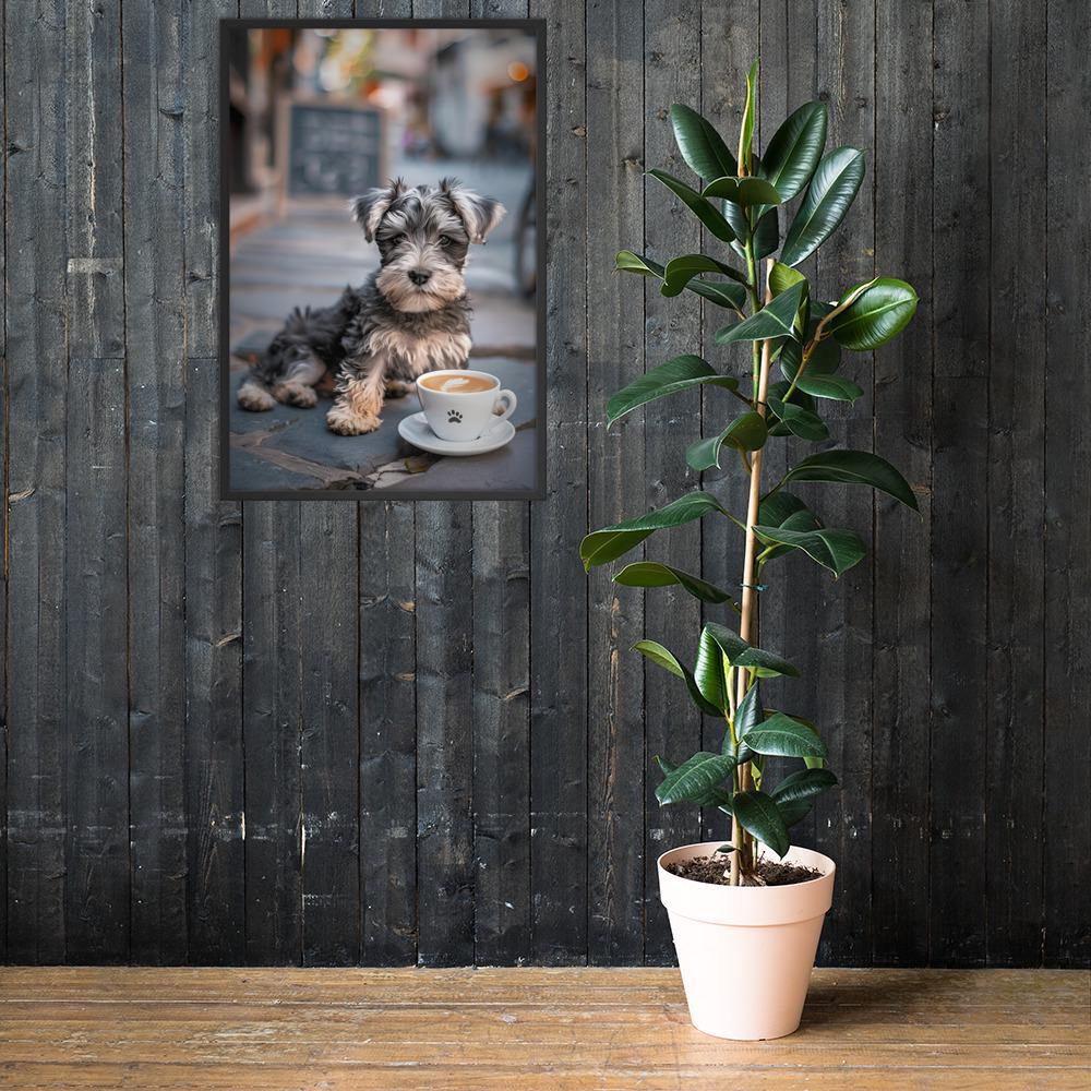 Schnauzer Puppy Coffee Print mockup highlighting cozy cafe wall art and schnauzer art style